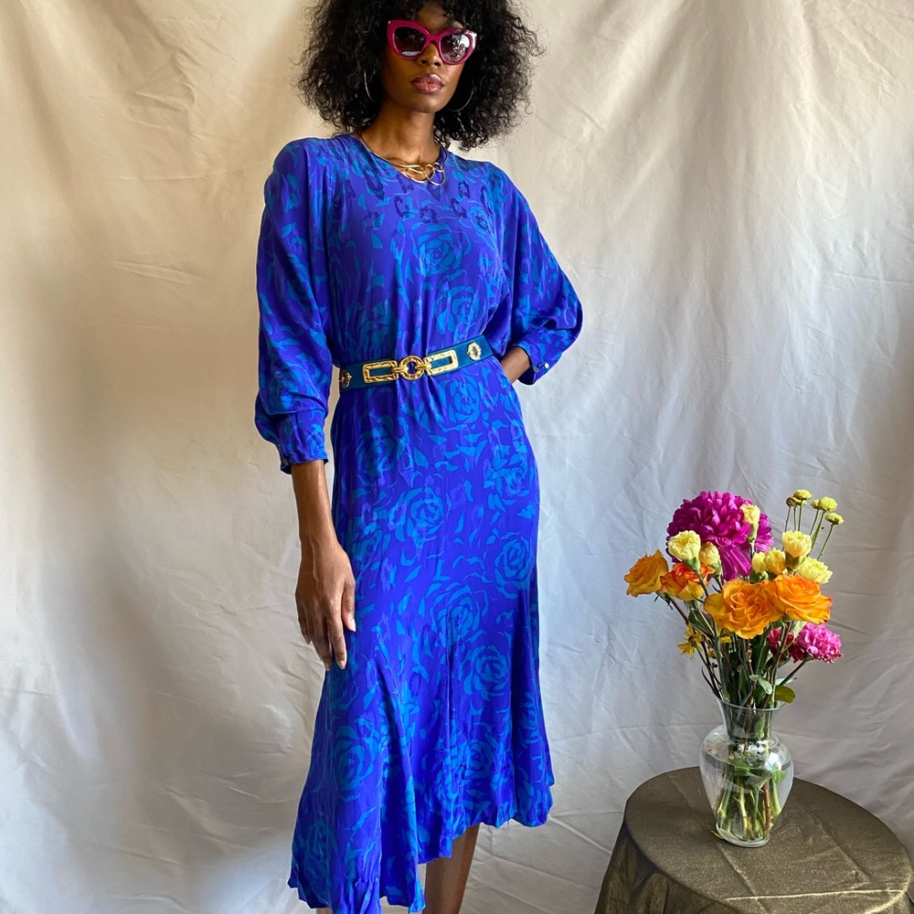 100% Silk Vintage Bright Blue Rose Floral Print Mermaid Midi Dress (M)